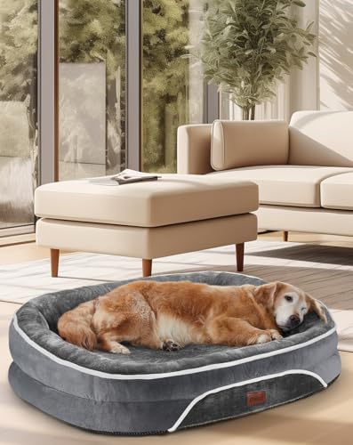 OhGeni Orthopedic Dog Bed for Large Dogs, Dog Couch Design with Egg Foam Support, Removable, Machine Washable Plush Cover and Non-Slip Bottom with Four Sided Bolster Cushion (Gray)